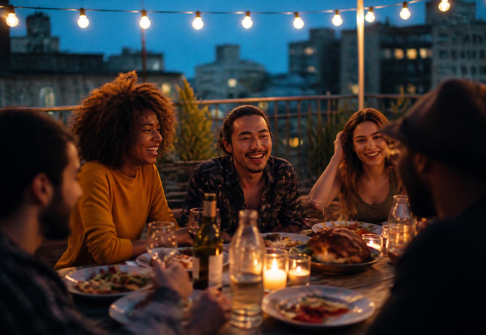 Friends gathered around a table at an evening rooftop dinner